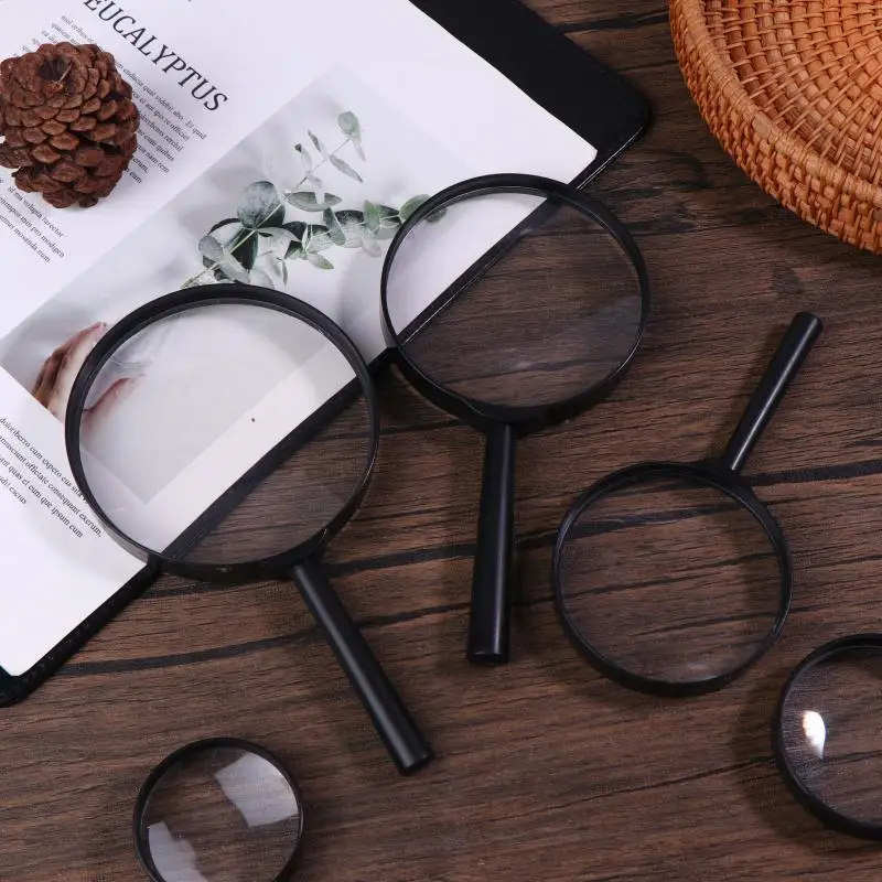 

40/50/60/75/90/100mm Hand Held 5X Black Plastic Magnifying Glass Professional Magnifying Glass For Jewelry Reading Coins Stamps