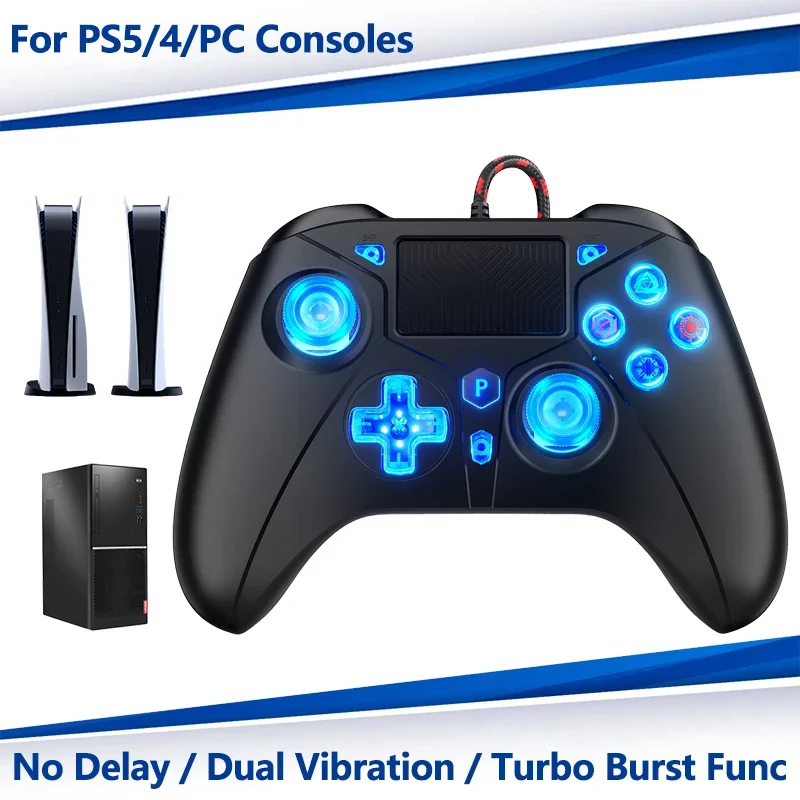 P5 RGB Gamepad For PS5/4/PC Console - 2M Wired Controller 4-Level Dual Vibrate No Delay W/ Turbo Touchpad, Gaming Control