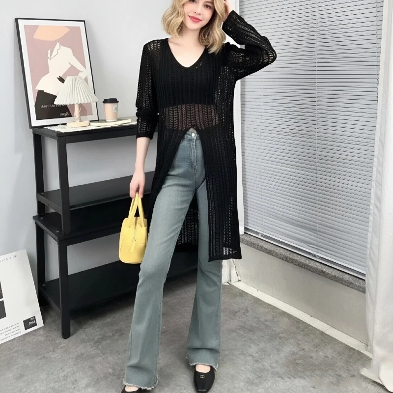

New V-neck Medium and Long Women's Long-sleeved Knitted Sweater Fashionable Hollow Solid Color Knitwear Casual Slim-fit Blouse