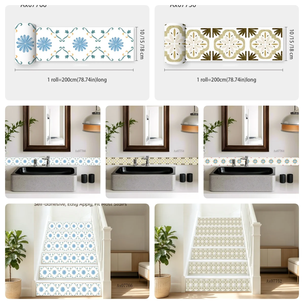 Vintage Tile Pattern Wall Border Stair Sticker Waterproof Floral Tile Decal Kitchen Backsplash Stair Riser Skirting Home Decor