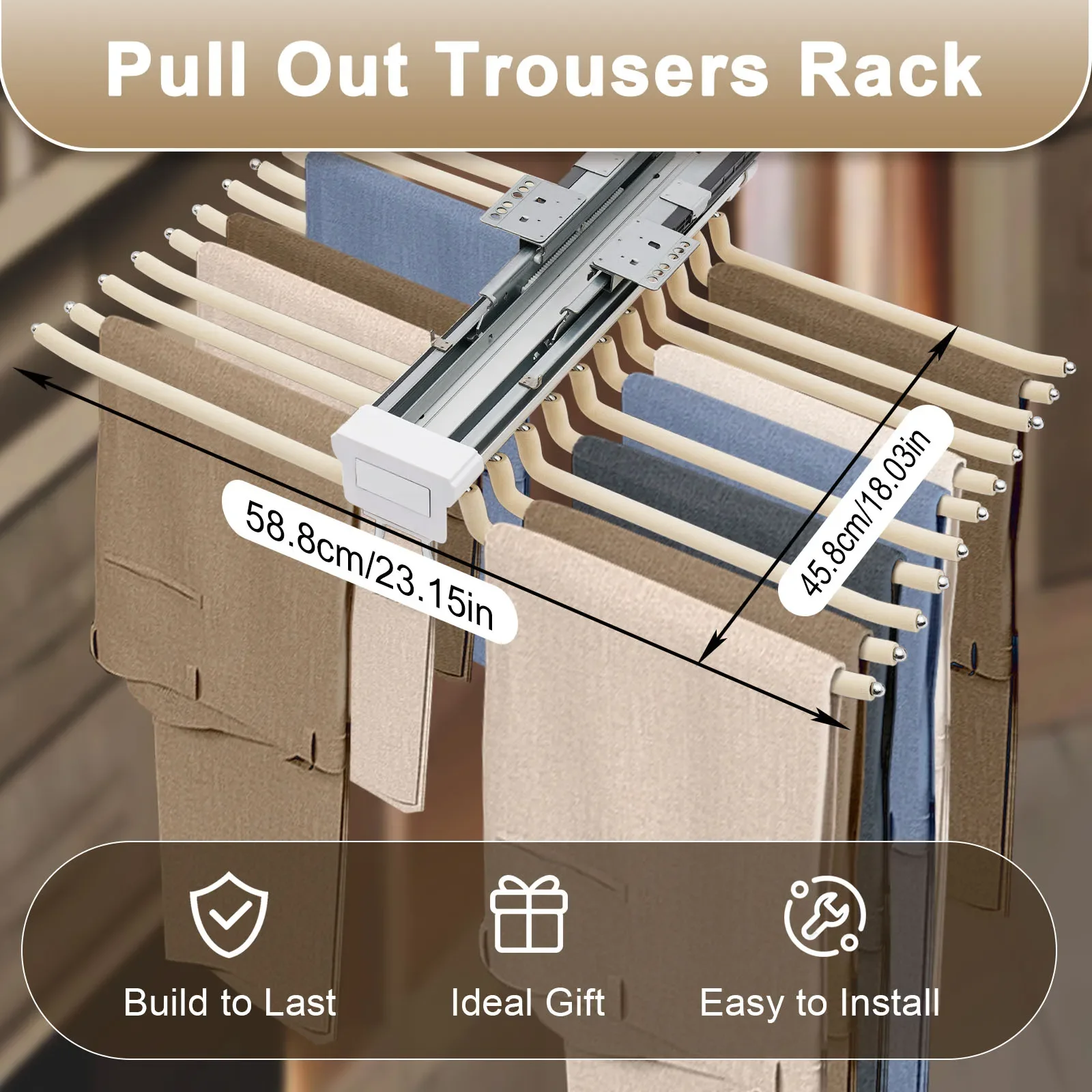 

Beige Pull-Out Trousers Rack, Double Row Trouser Hanger, Hanging 22 Pairs of Trousers , Extendable Clothes Hangers for Bedroom