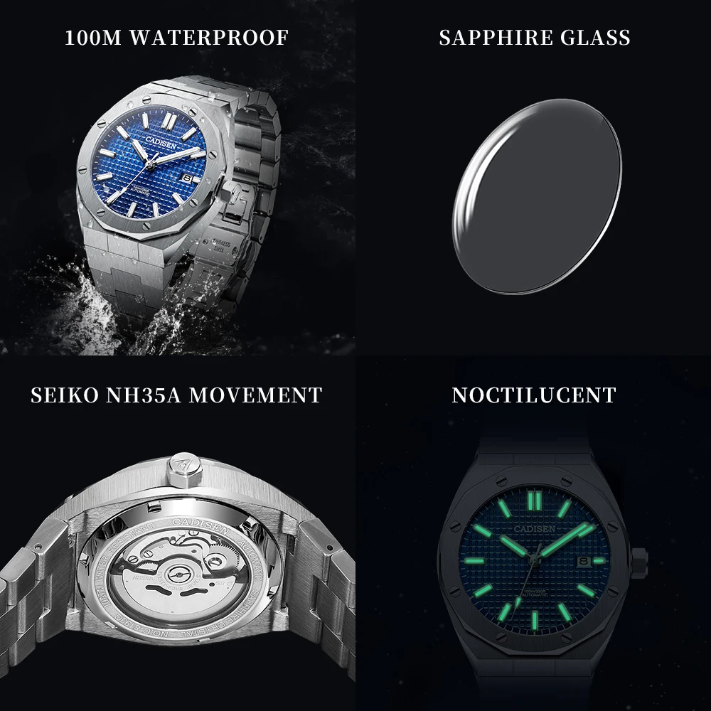 CADISEN New 42MM Men Watches Mechanical Automatic NH35A Blue Watch Men 100M Waterproof Brand Luxury Casual Business Wristwatch