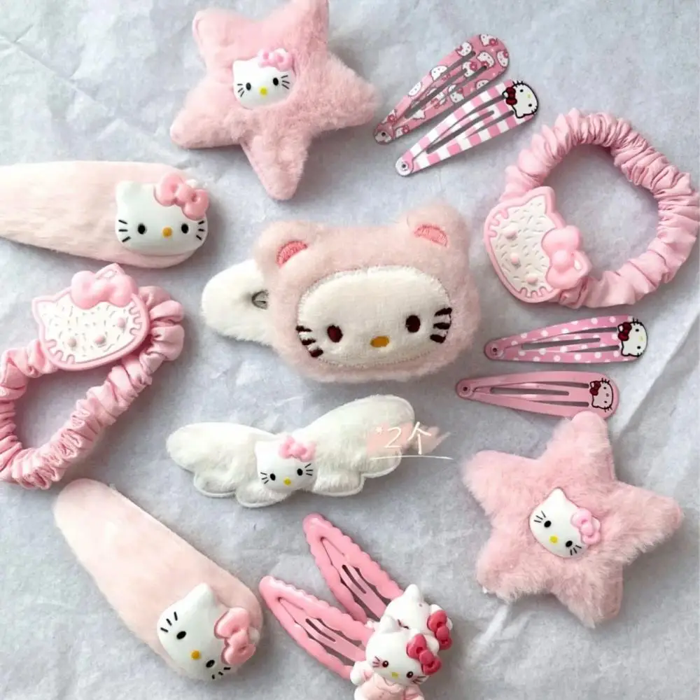 

15pcs/set HelloKitty plush hair clip pink kawaii Japanese versatile side clip children's Plush cartoon headband combination