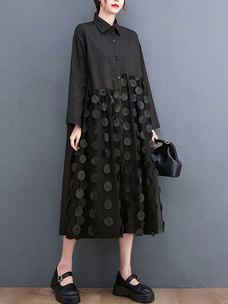 Polka Dot Mesh Patchwork Shirt Jurken Voor Vrouwen Nieuwe Losse Casual Lange Mouw Vintage Jurk Mode Kleding Lente Herfst 2025