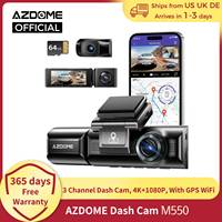 AZDOME Dash Cam M550 4K+1080P Built-in GPS WiFi Car Dash Camera Front Inside Rear 3 Way IR Night Vision Car DVR Support Rear Cam
