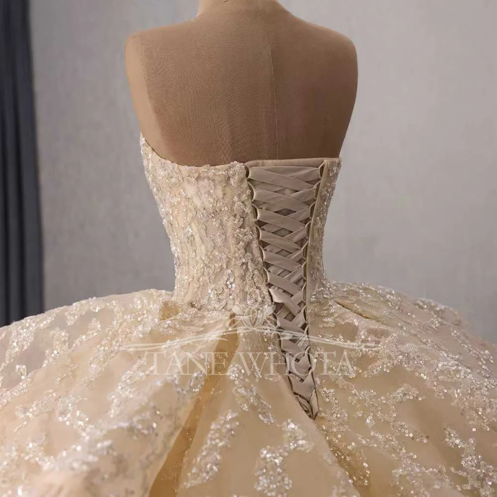 Champagne Color Customizable Evening Gown Women's Sweetheart Sleeveless Lace Up Back Sequined Tiered Luxury Dress