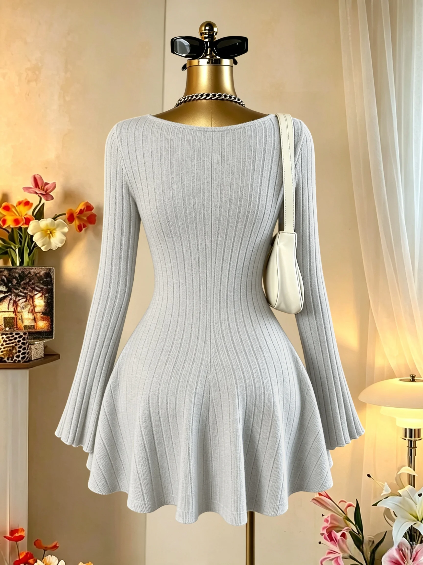 Damen-Minikleid mit quadratischem Ausschnitt, vorne gebunden, gerippt, ausgestellter Rock, lange Ärmel, tailliert, A-Linie, Y2K, sexy Kleid – Detail 10