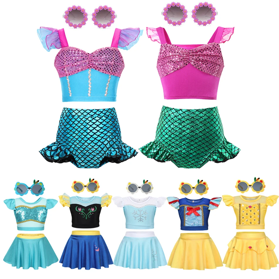 

2-10Years Toddler Baby Kids Girls Summer Sweet Princess Swimsuits Mermaid Ruffles Sleeves Elsa Anna Rapunzel Swimwear Beachwear