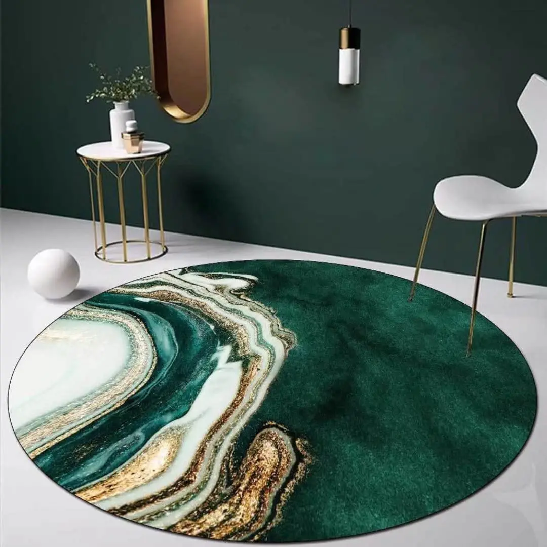 Emerald Green Marble Round Area Rug Modern Abstract Soft Washable Floor Carpet For Bedroom Living Room