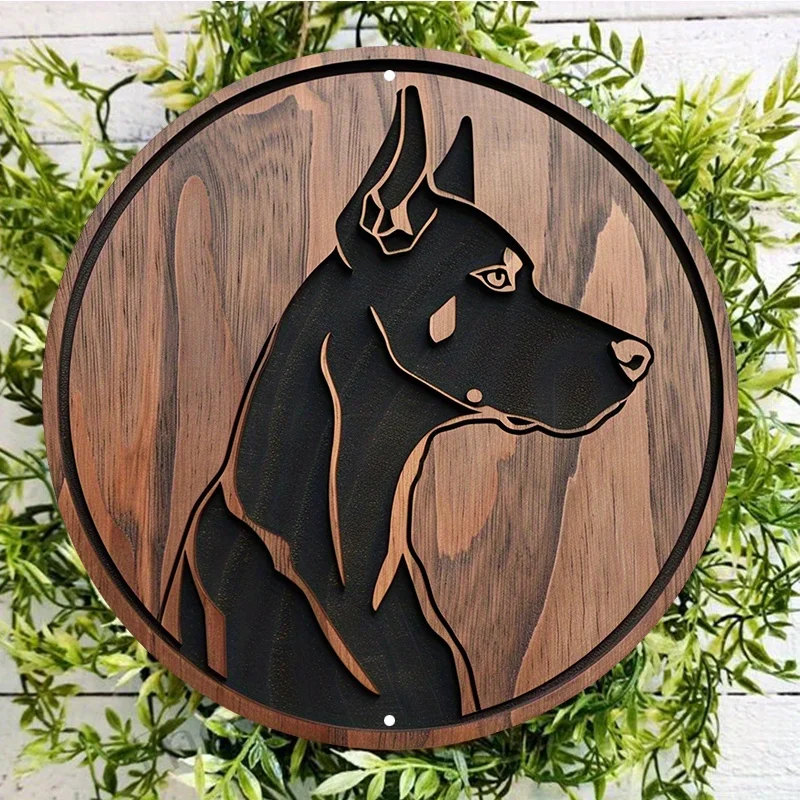 Doberman Silhouette Wooden Design Metal Sign, Round Aluminum Door Hanger, Wall Decor, Waterproof and Weather Resistant