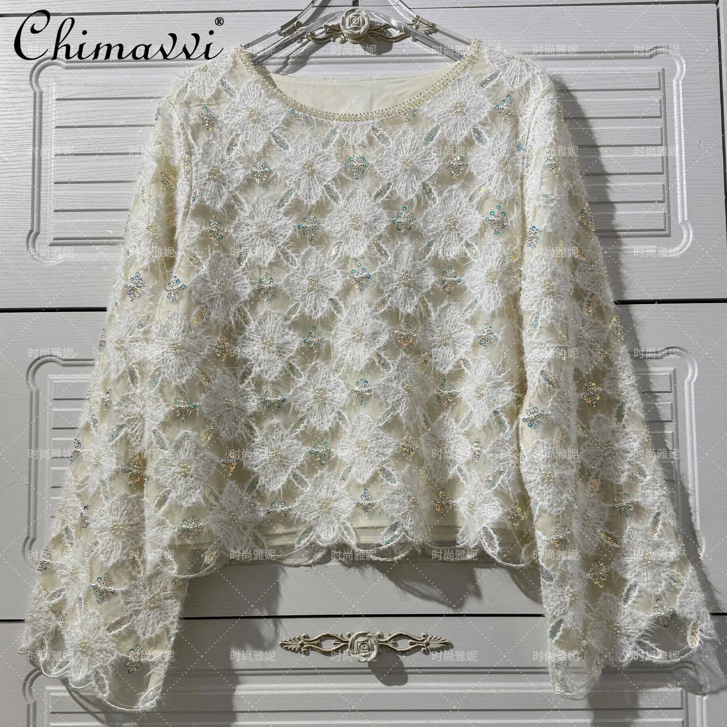 Moda nova manga longa topo floral pesado bordado palco lantejoulas pérola miçangas saia de comprimento médio feminino festa de outono 2 peças conjunto