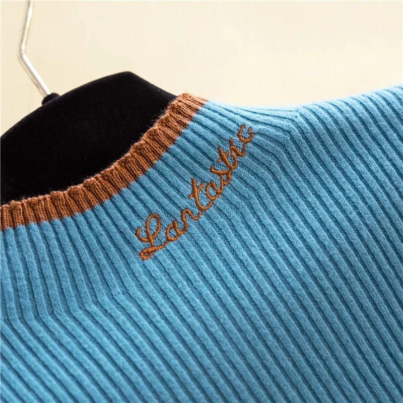 Embroidery Mock Neck Pullover Knitted Sweater Autumn Winter Women\'s Sweater Korean Fashion Long Sleeve Soft Slim Female Tops