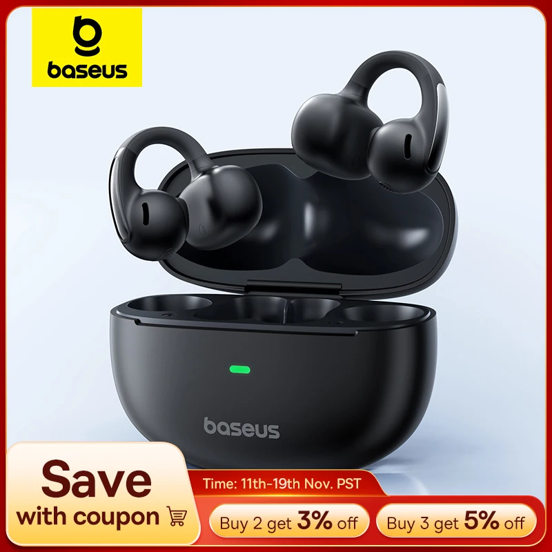 Baseus Bowie MC1 Ear Clip Wireless Earphones Bluetooth 5.4 Open-Ear Headphones Clip-On Sports Earbuds  IP57 Waterproof AI-Bass