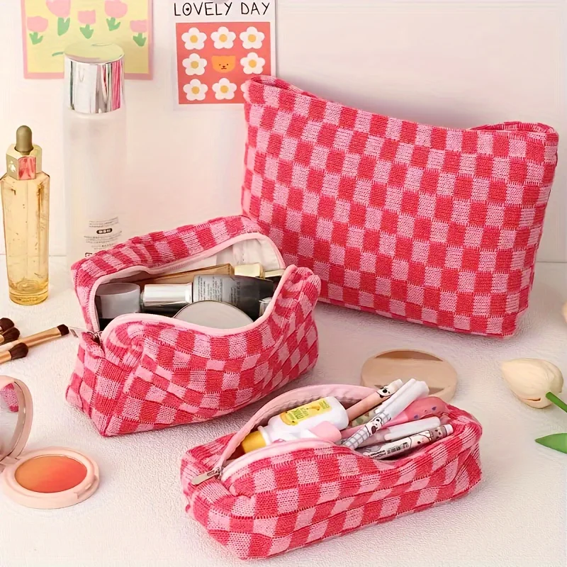 3-Piece Set Cosmetic Bags, Large Capacity Makeup Pouches, Travel Toiletry Organizer, Checkered Brush  Bags