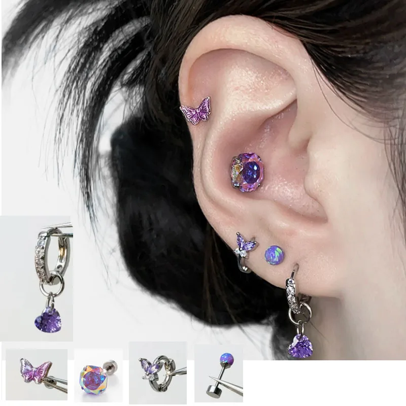 1Pc Colorful Purple Zircon Cartilage Earrings Stainless Steel Simple Round Small Stud Earring Helix Boby Piercing Jewelry Gift