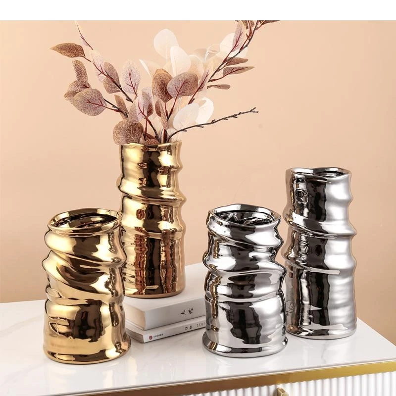 Gold/silver Plated Ceramic Vase Flower Pots Decorative Arrangement Spiral Floral Vases Modern Home Decoration