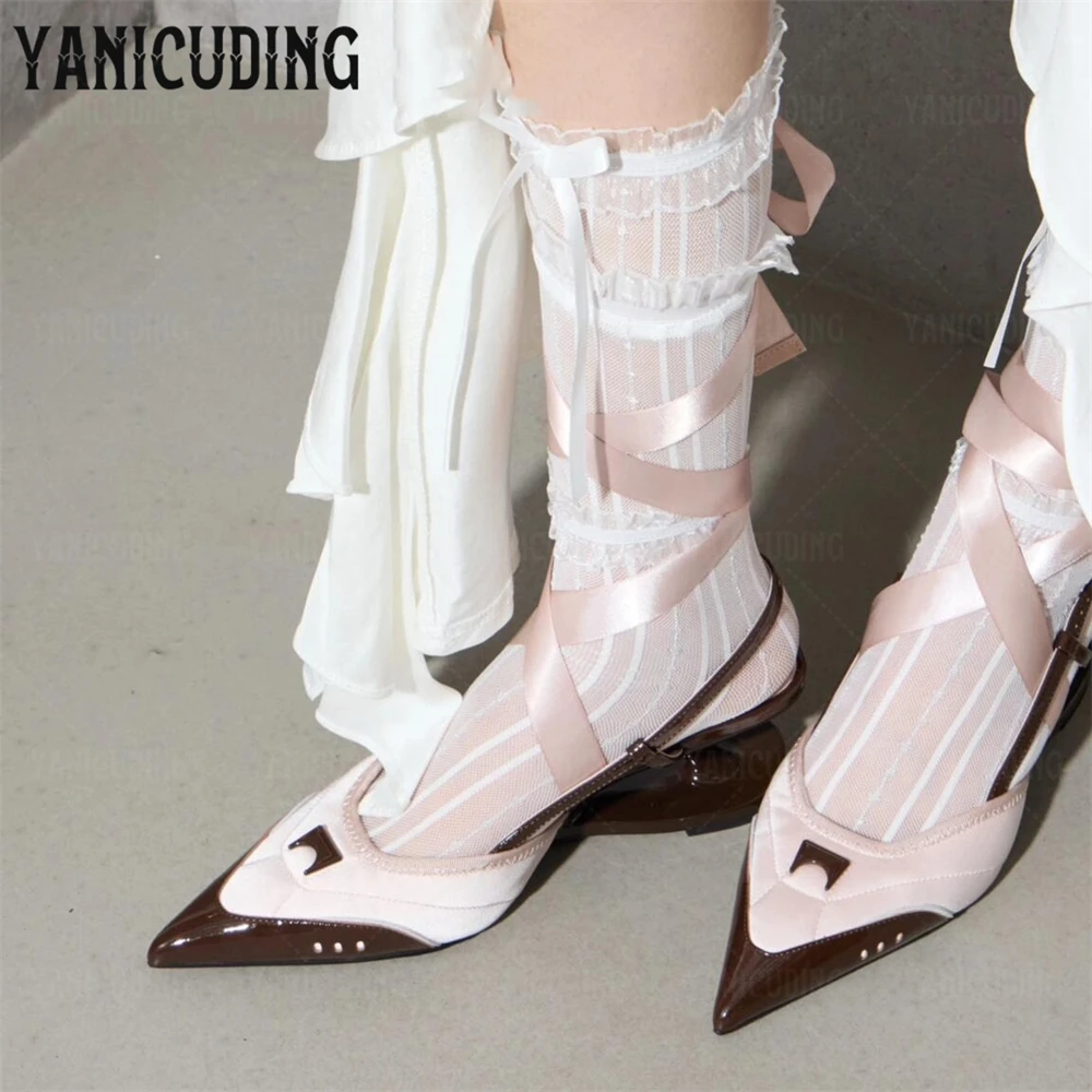 

Novelty Sports Style Sneakers Sculptural Cutout Wedge Shoes Pointed Toe Back Strap Mary Jane Shoes Removable Ribbon Cross Straps