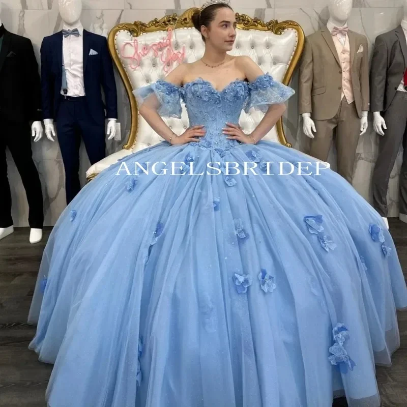 

Blue Ball Gown Quinceanera Dresses Vestidos De 15 Anos Off Shoulder With 3D Flowers Applique Formal Birthday Princess Party