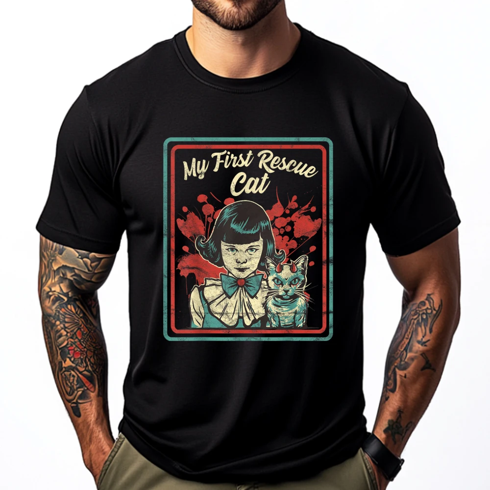 

Child Game Horror Dark Humor My First Rescue Cat Graphic Tees Couples Luxury T-Shirt Valentines Day