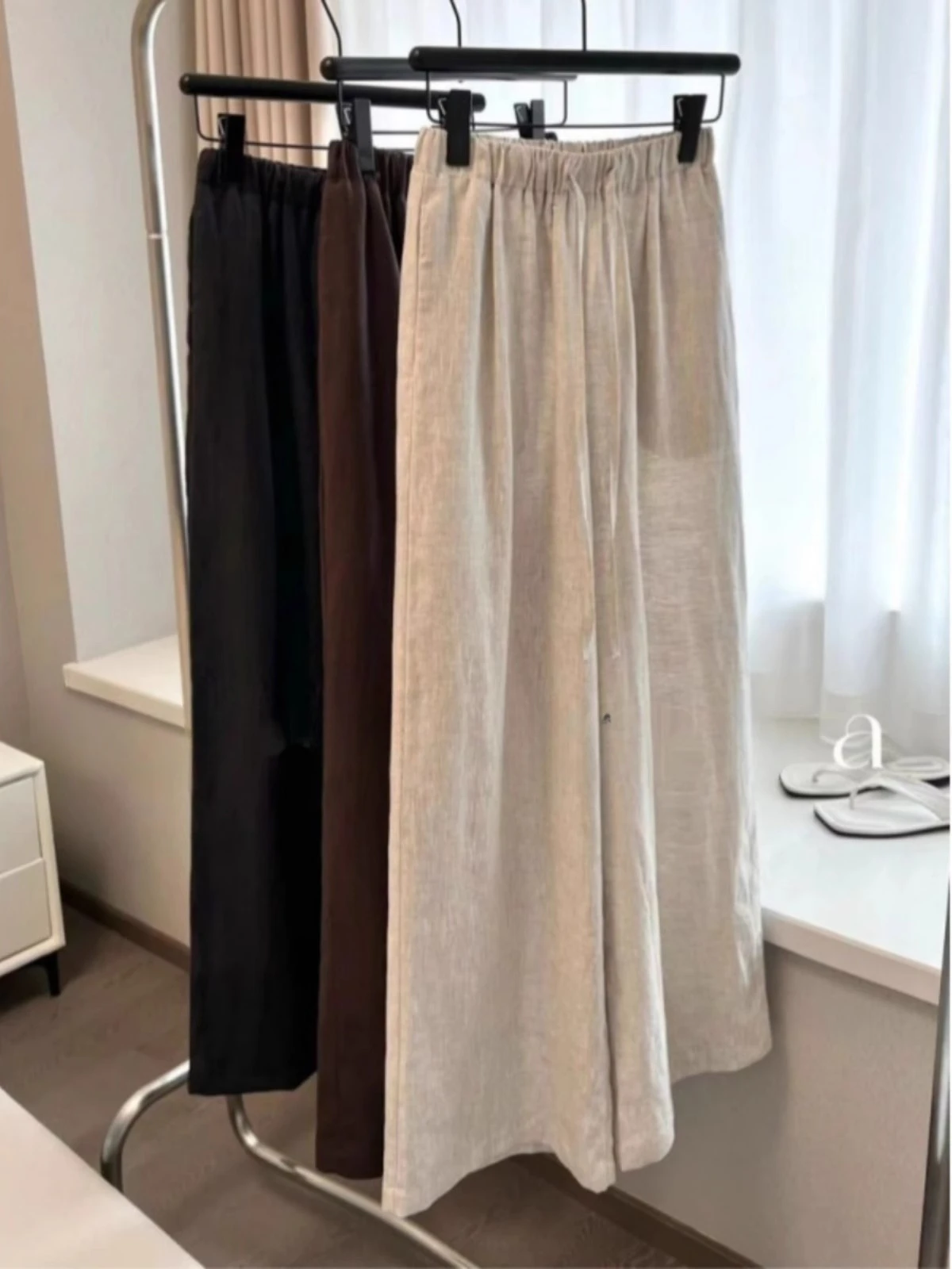 Natural Linen High-Waisted Bell Bottoms Women's Loose-Fit Draped Slimming Casual Dragged Pants Thin Style Straight-Leg Design