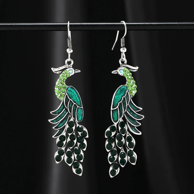 Vintage Temperament Ethnic Peacock Earrings for Women Elegant Drop Oil Rhinestone Silver Color Dangle Earring Party Jewelry
