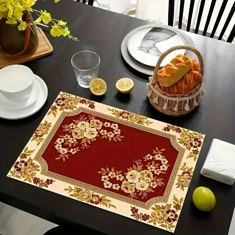 Light Luxury Wine Red Floral Print Placemat, 1-Piece, Heat-Proof, Durable & Washable, Dining Table Decor