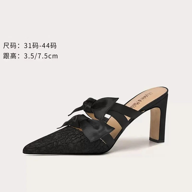 Spring and summer new pointy head lace suede slippers thick high-heeled party dress versatile large and small female sandals