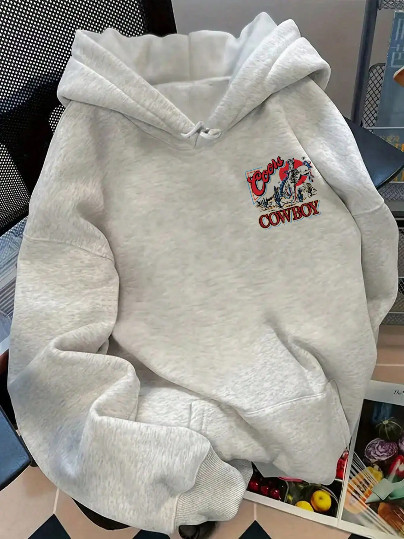 Coors Cowboy Vintage Print Hoodie for Women, Loose Fit Fall Sweatshirt with Pocket & Dropped Shoulder