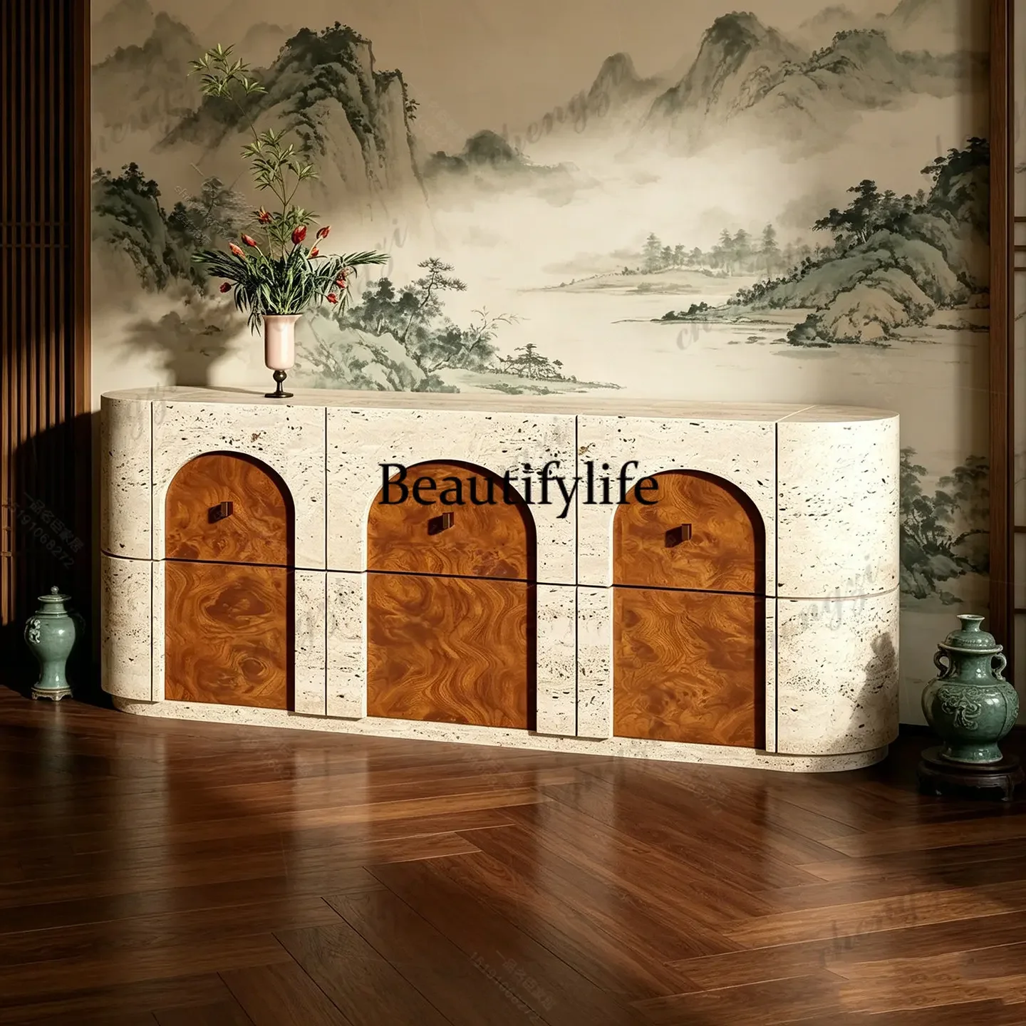 C178 French medieval imitation cave stone pattern entry, entryway cabinet, wabi-sabi wind arched door,  premium dining side cabi