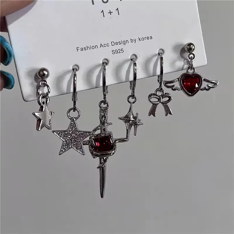 6PCS Set Goth Black Crystal Star Black Butterfly Dangle Earring For Women Girl Vintage Aesthetic Trendy Y2K Jewelry Accessories