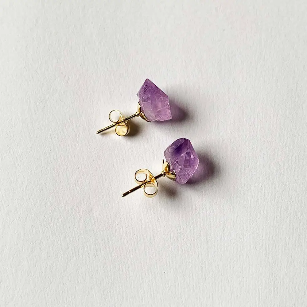 

Crystal Flower Amethyst Rough Stone Gold Color Natural Amethyst Ear Studs Korean Style Amethyst Stud Earrings Women Earrings