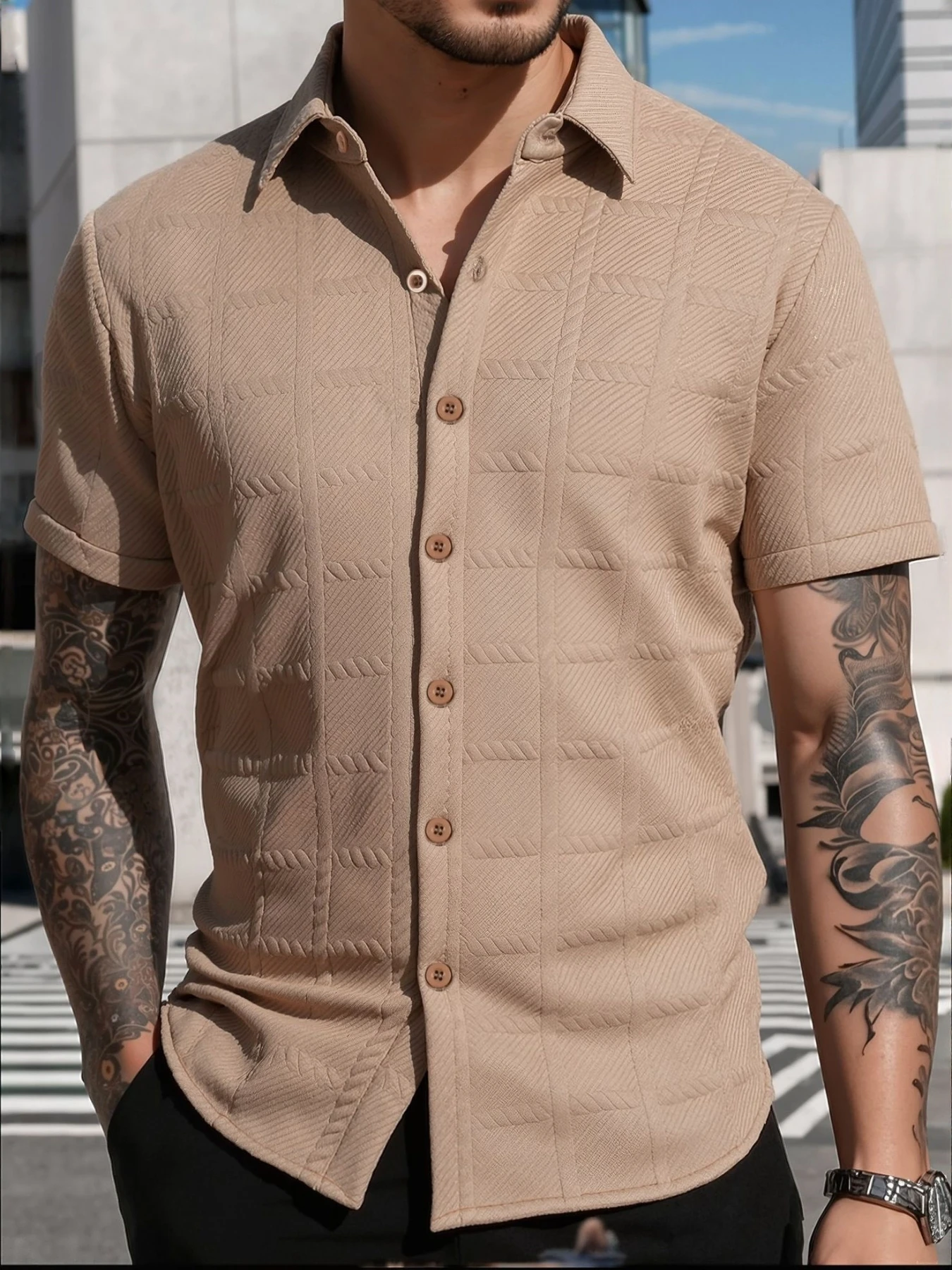 Summer new style men's collarless short-sleeved solid-color casual shirt, trendy and comfortable versatile men's clothing shirt