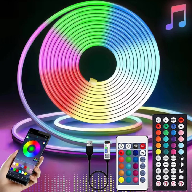 USB RGB 네온 LED 스트립 조명, 원격 방수 LED 네온 스트립 앱 제어, 유연한 리본 테이프, 홈 룸 장식, 44 키, 5V