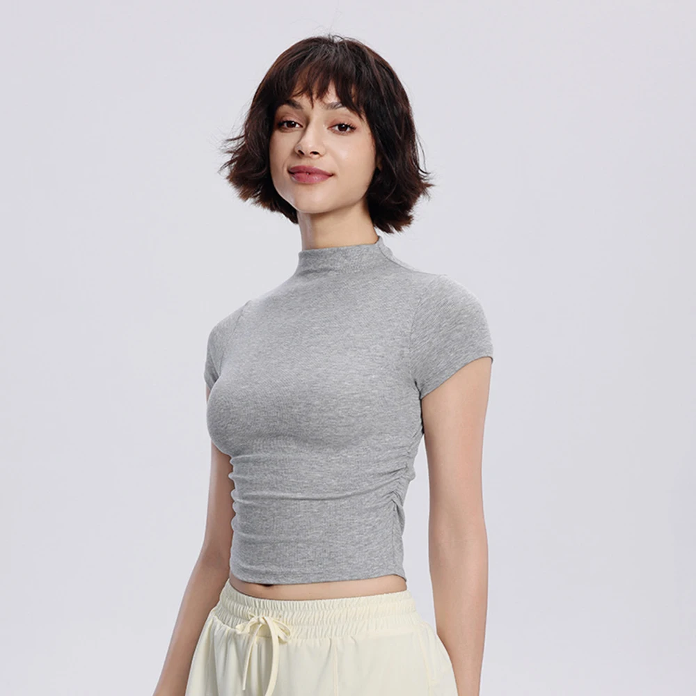 2024 New Yoga Short Sleeve T-Shirt Womens Short Slim Half Turtle Collar Pleated Waist Yoga Wear Sports Casual Top Tight sexy Tee