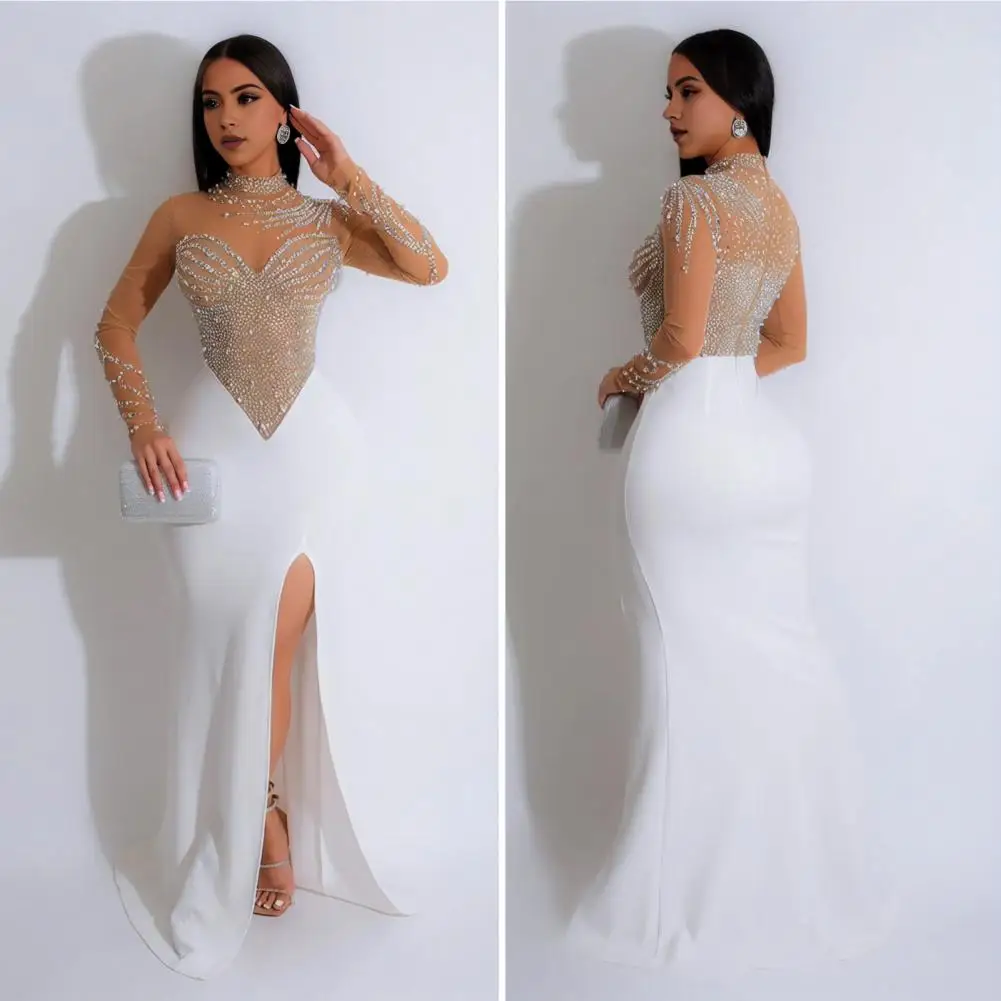 

Womens Gown Dresses 2024 Summer Fashion High Slit Casual Short Sleeve Daily Skinny Maxi Mesh Rhinestones Dress Woman Clothing