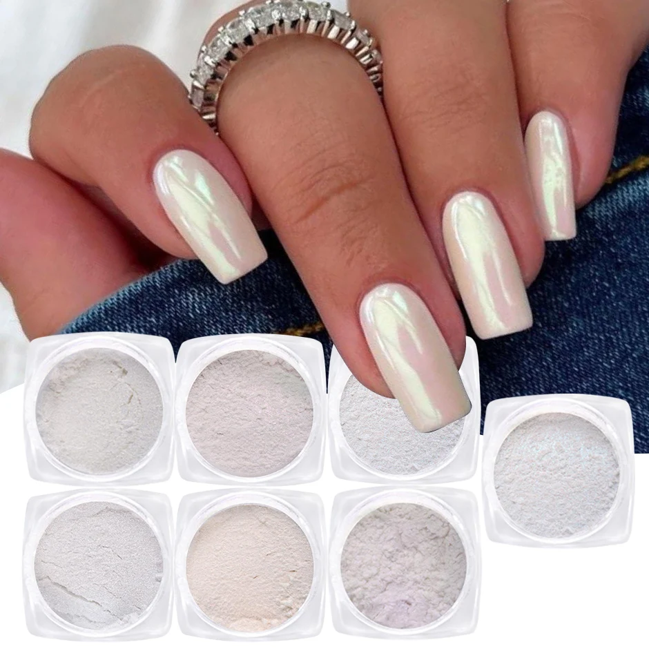 7 قطعة أورورا اللؤلؤ الأبيض مسمار الفن بريق مسحوق قزحي الألوان حورية البحر فرك الغبار الجنية الكروم الصباغ سحر فلاش مانيكير ديكور