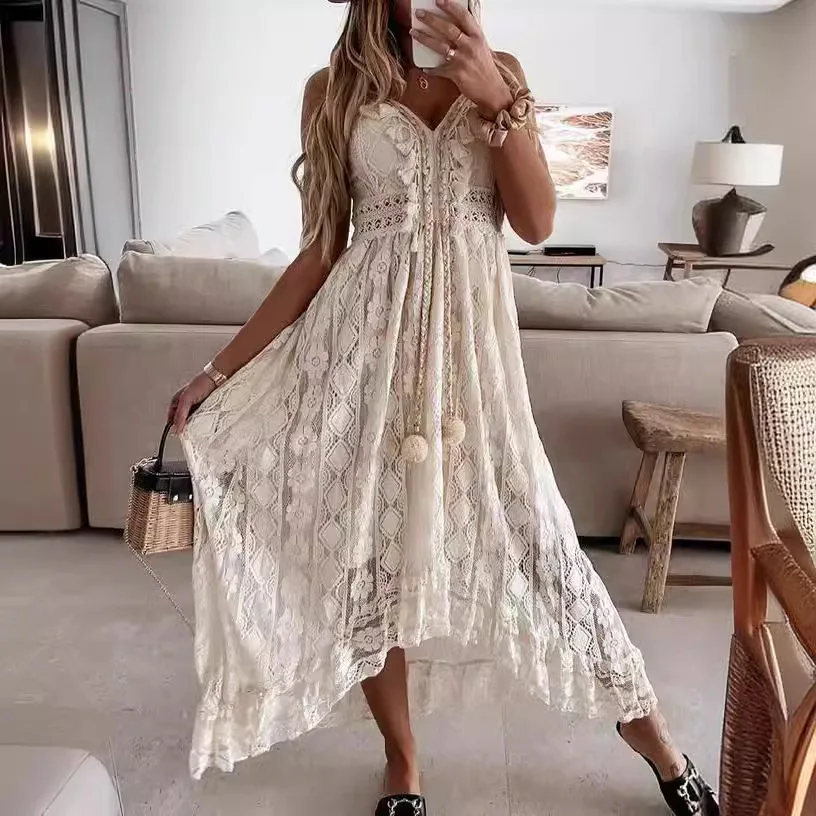 

Summer New Lace Sling Big Swing Solid Color Long Skirt Dress Spring V-neck Sleeveless Beach Dresses Casual Chain Link Dress