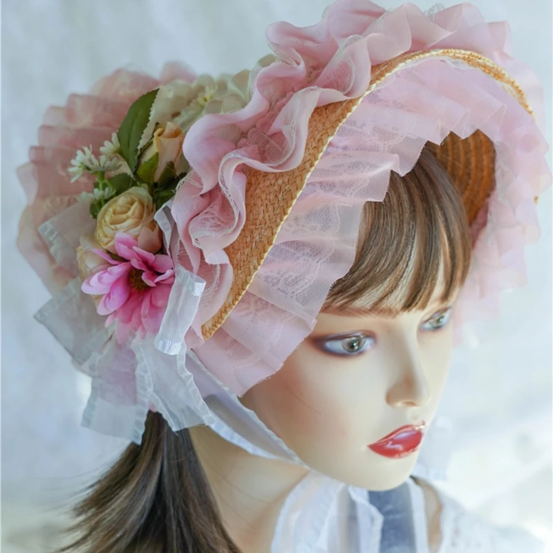 Handmade SunHat Lace Decorated Courtly Style Tea Party for Lolita Women Court Miss Straw Hat SunHat with Ribbon
