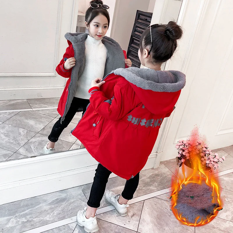 Jacket 4-14T Girls Parkas Cotton Winter Coat New Casual Hooded Plus Velvet Warm Padded Jackets High Quality