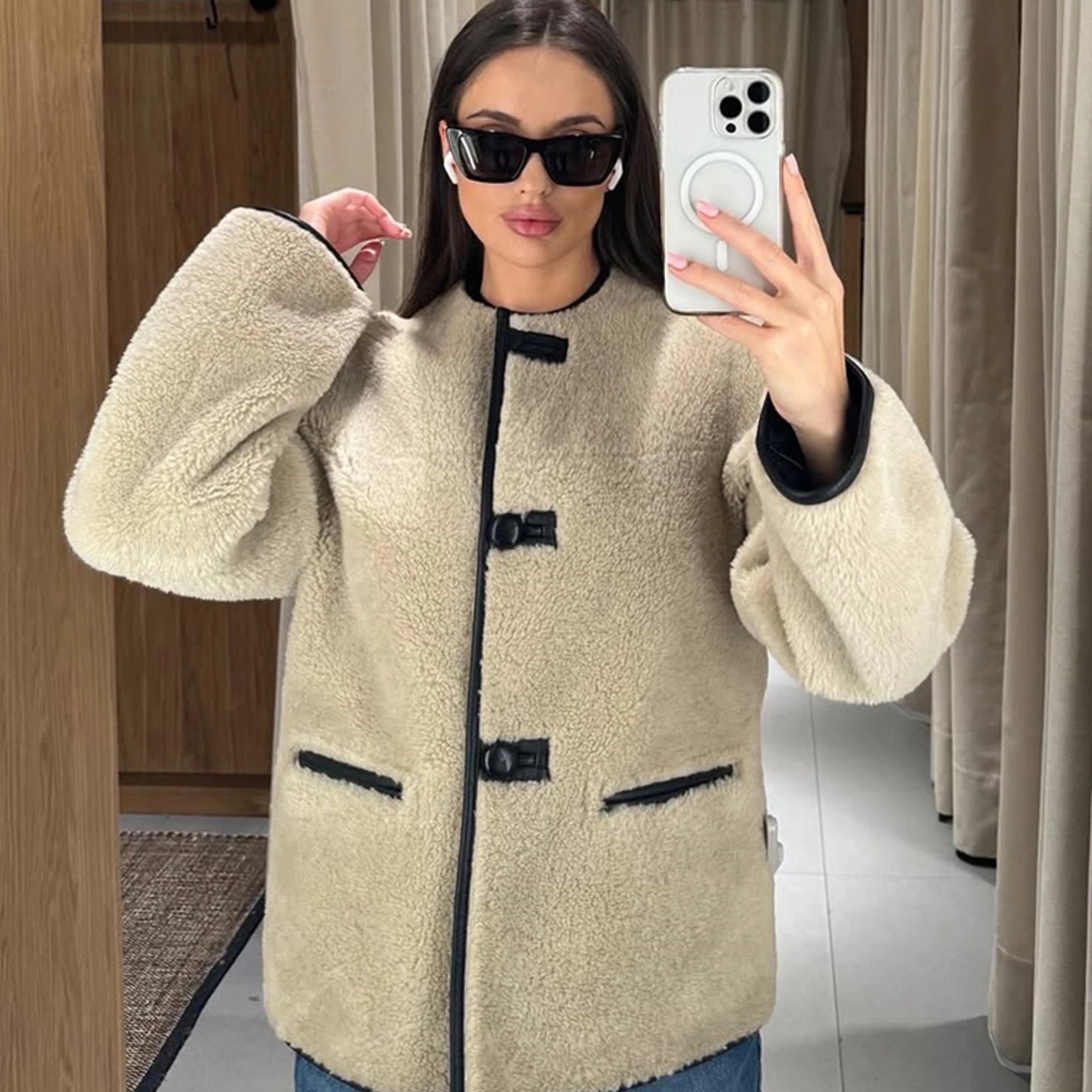 سترة صوف جديدة لخريف وشتاء 2024 للسيدات من PB&ZA برقبة دائرية وفرو واحد الصدر سترة غير رسمية متكاملة للتنقل