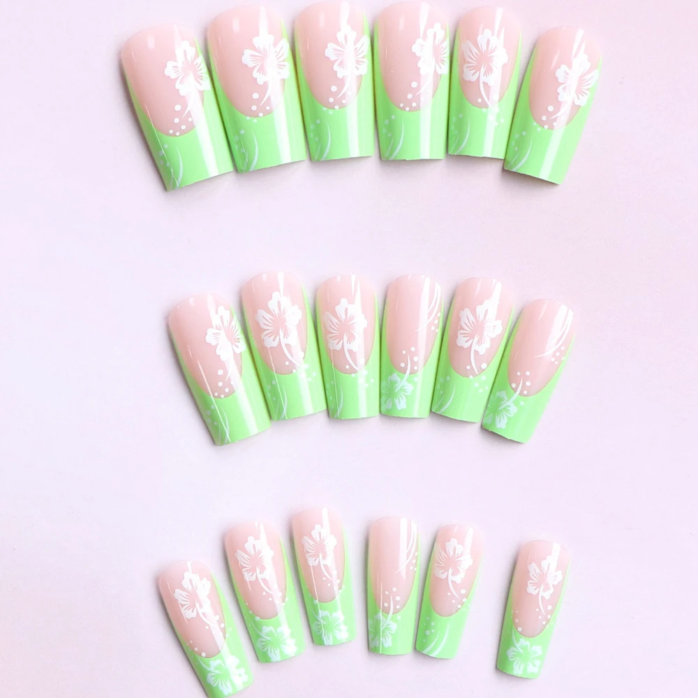 144pcs/6set-1 Instantly Upgrade Your Look With Long Ballerina Pink Yellow Green Red Cherry Blossom Green Leaf Design Fake Nails