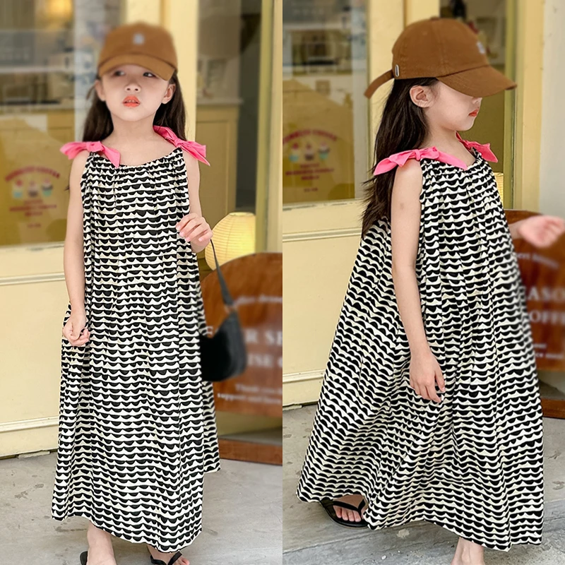 2-8T Summer Cotton Girls Overall Dress Pullover Print Bowknot Cotton Sweet Fashion Long Vestidos Casual Outdoor Beach Dresses