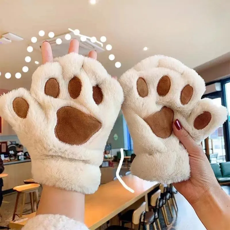 Kawaii Women Cat Gloves Fashion Girls Cat Claw Paw Plush Mittens Warm Soft Plush Short Fingerless HalfFinger Winter Thick Gloves