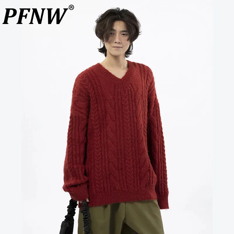 

PFNW Korean Fashion Knitted Flower Design Sweater Men's V-neck Pullover Clothing Versatile Solid Color Male Tops Trendy 28W4993