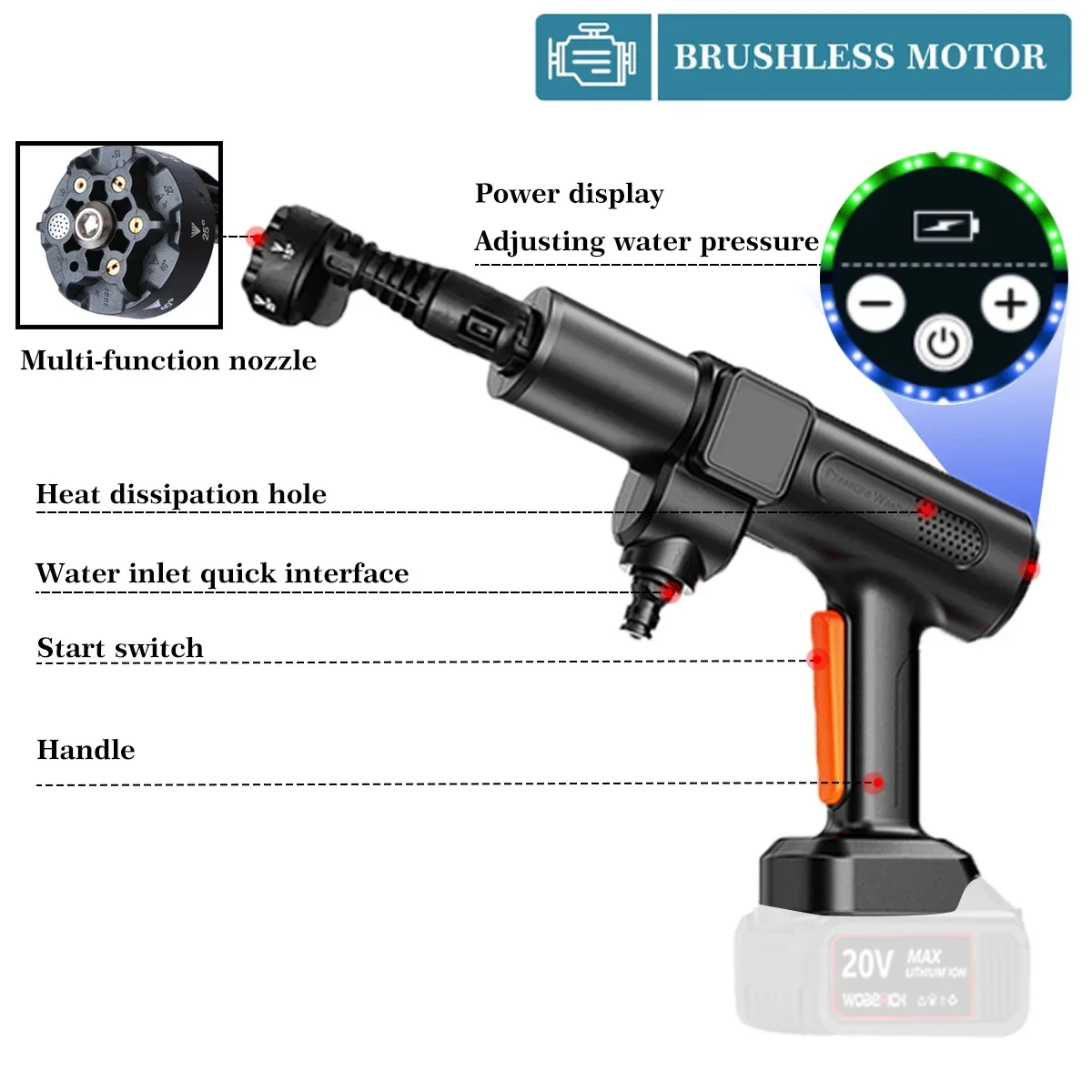 Portable High Pressure Car Washer Gun Wiredless Rechargeable Spray Car Washing Machine Garden Tool (No battery） for Makita 18V