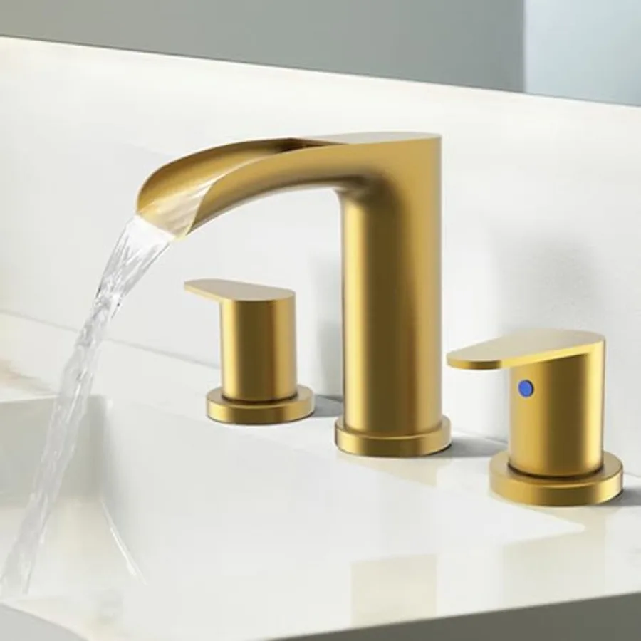 

Brushed Gold Waterfall Bathroom Faucets - Waterfall 8 Inch Gold Widespread Bathroom Sink Faucet, 2 Handles Vanity Faucets 3 Hol