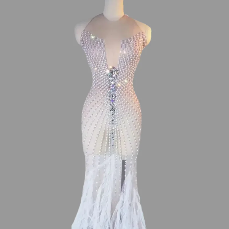 

Sexy Girls Transparent Evening Dress For Sequins And Crystal Pearls Fitted Mesh Ball Dress Birthday Formal Eveningdressreception