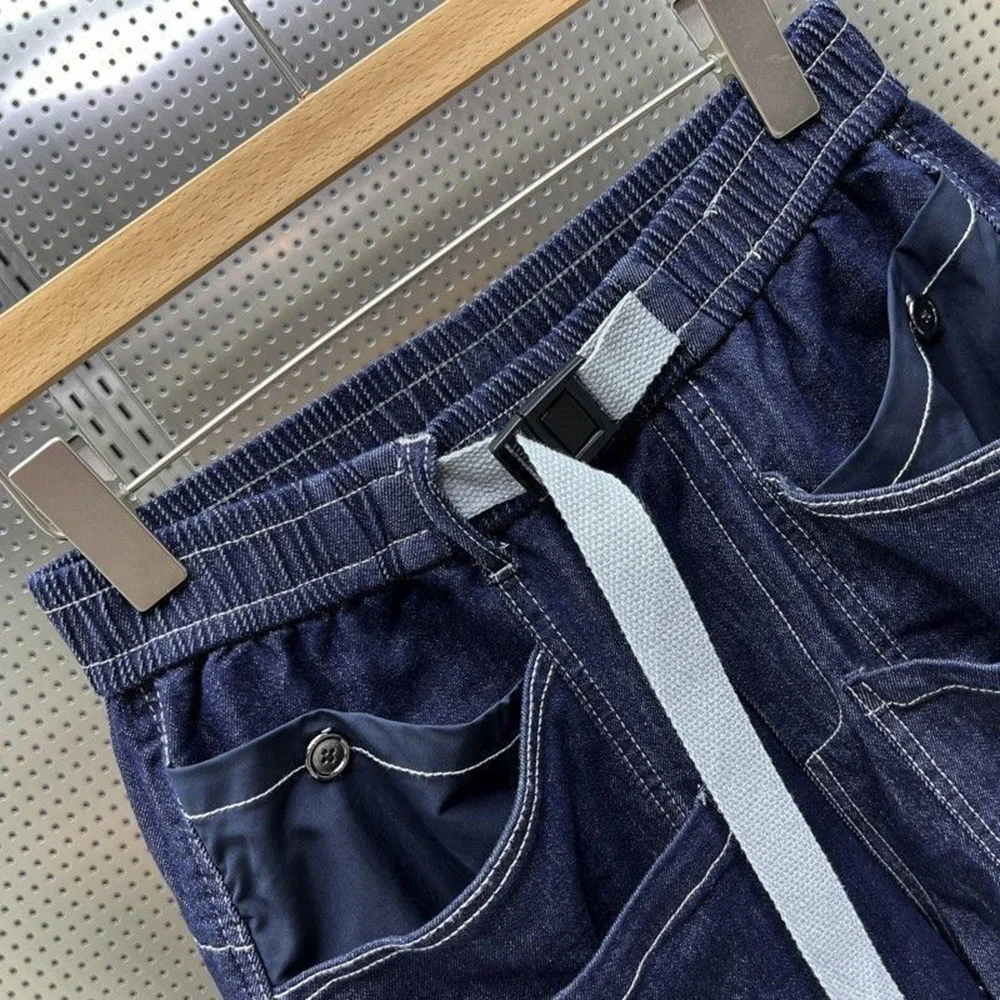 Summer Thin Large Pocket Workwear Denim Shorts Fashion Buckle Belt Trendy All-Match Loose Harem Y2k Shorts Mens Clothing