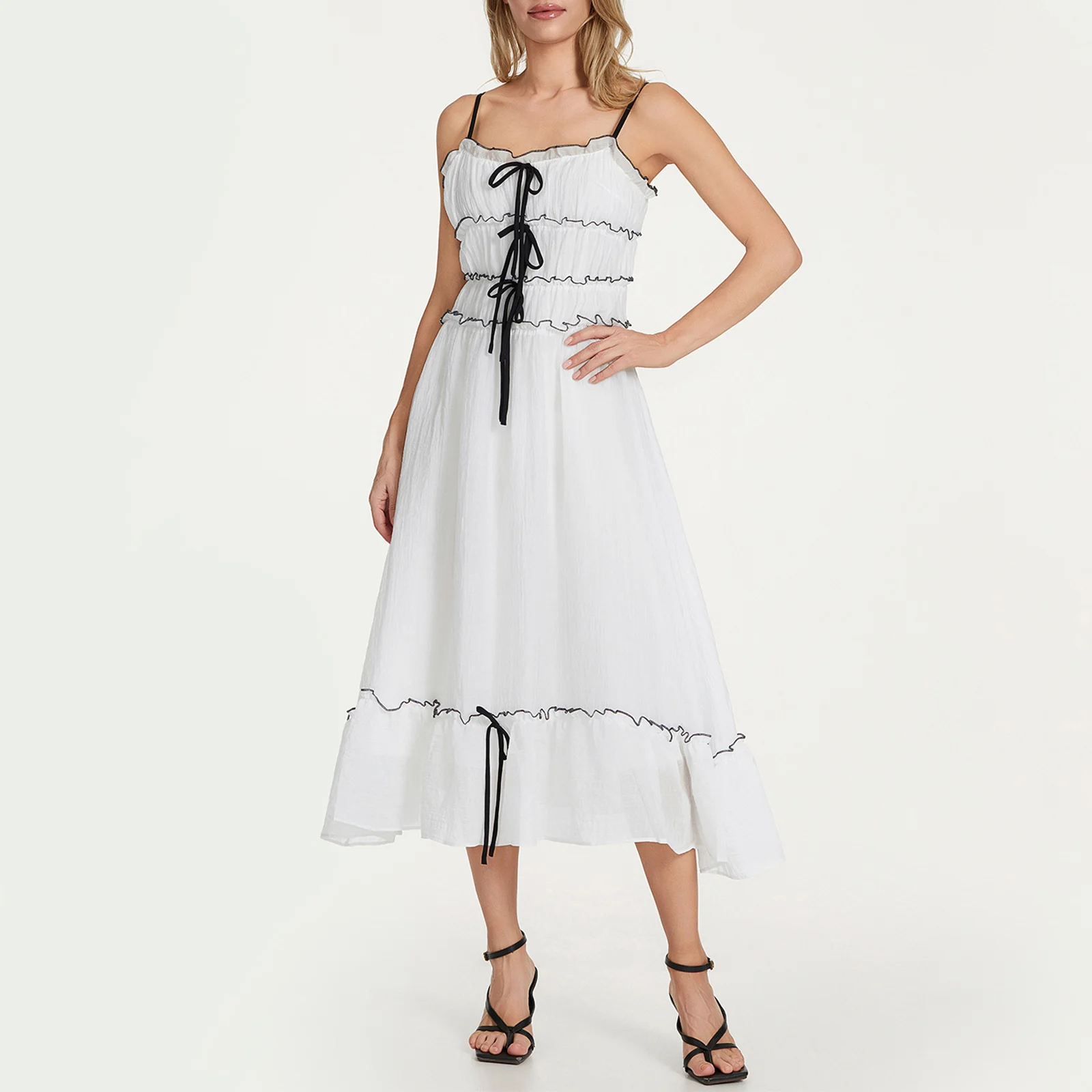 

2025 Women Cami Dress Contrast Trim Tie-Up Sleeveless Spaghetti Strap Dress Patchwork Summer Casual Backless Long Dress