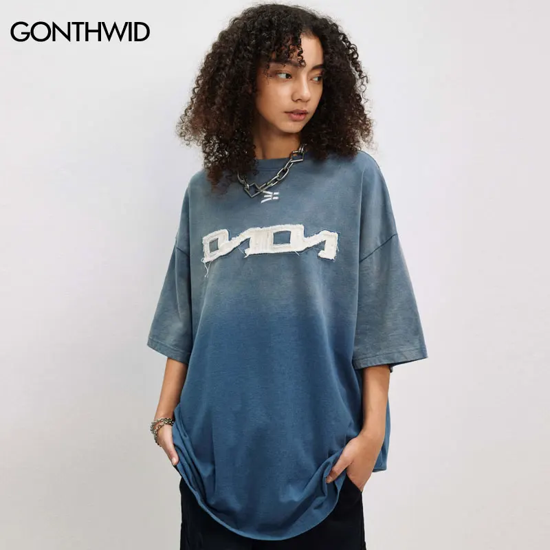 Vintage Tshirt Streetwear Embroidery Letter Patch Tie Dye Gradient Oversized T-Shirt Grunge Men Hip Hop Punk Gothic Washed Tops